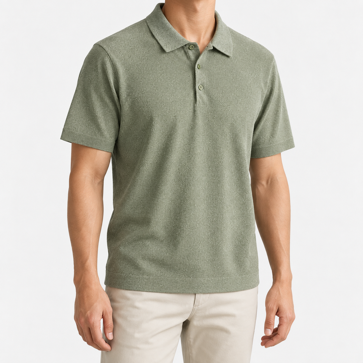 Textured lyocell short sleeve knit polo in sage green, front model view