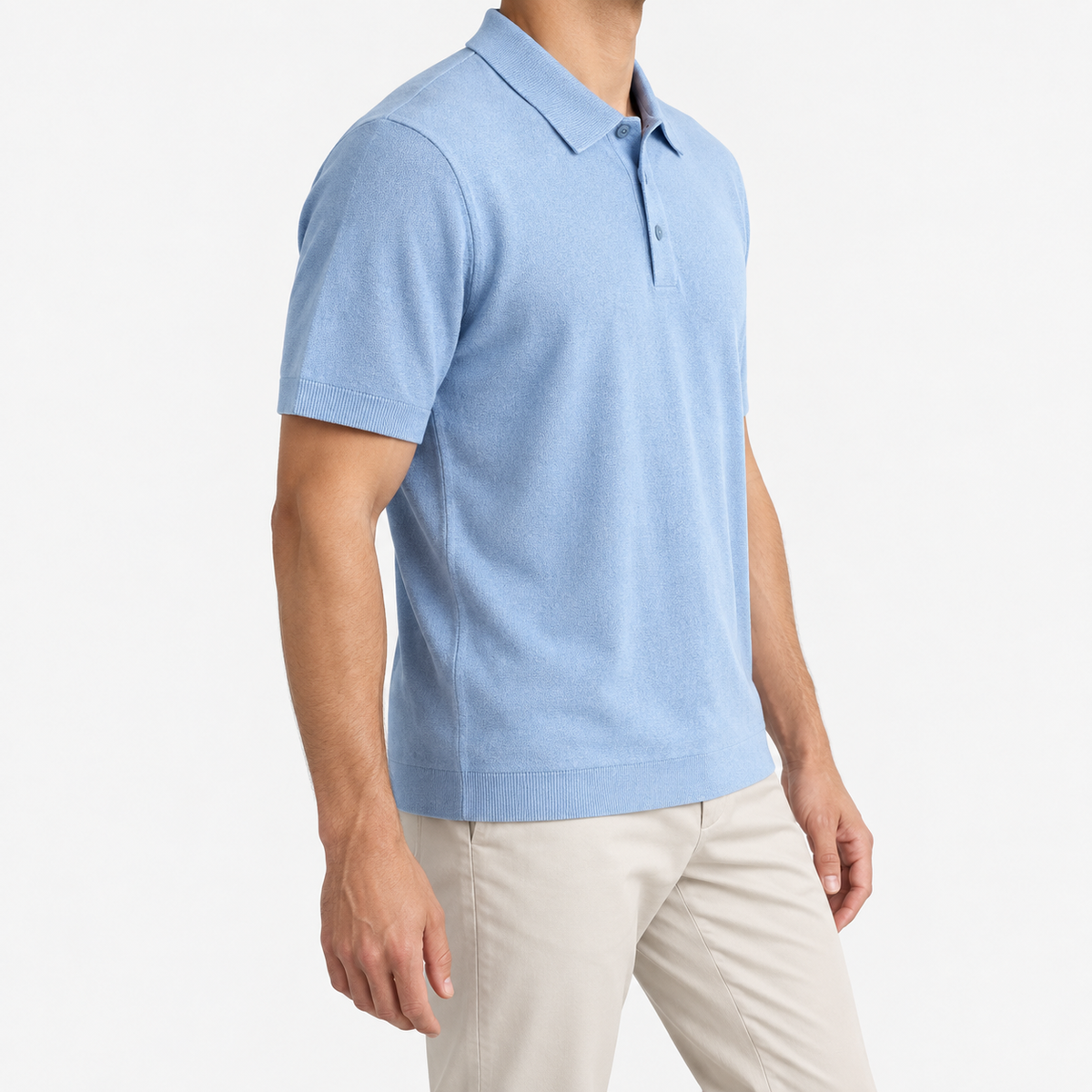 Textured lyocell short sleeve knit polo in light blue, three-quarter model view