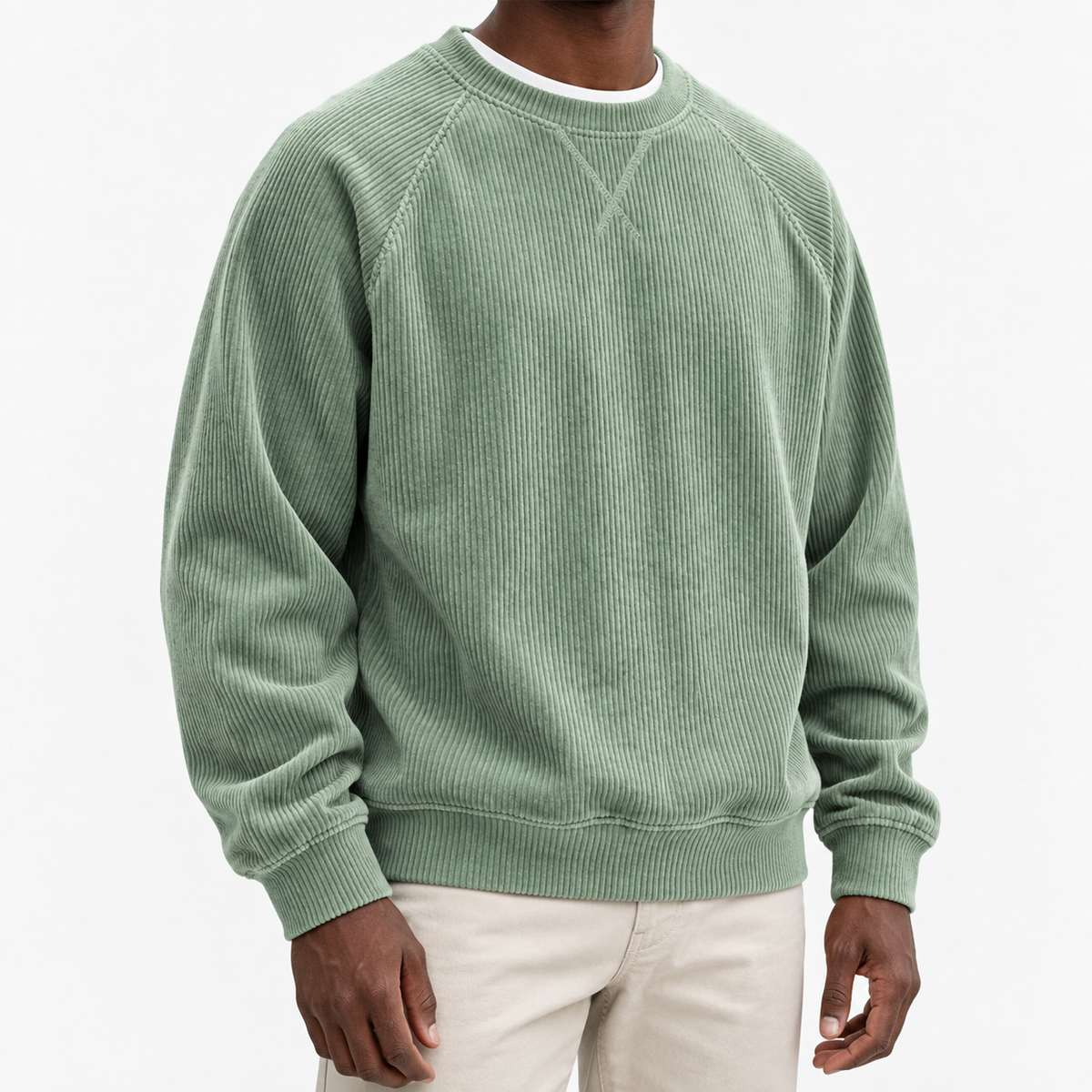 Ribbed raglan sweatshirt with a stitched neckline in sage green, front model view