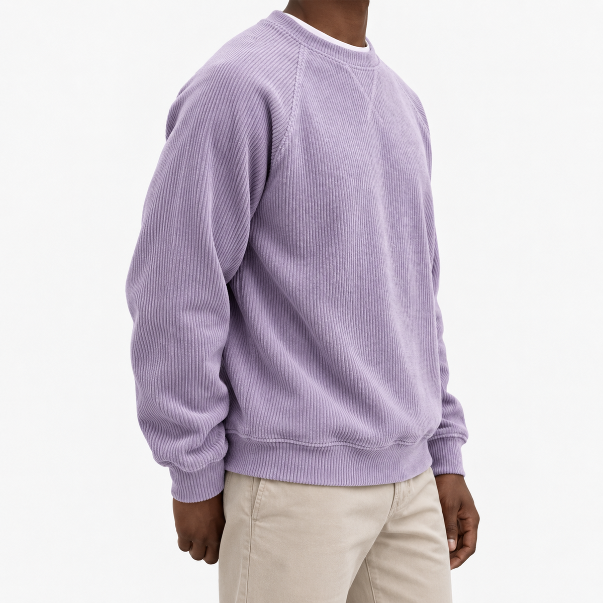 Ribbed raglan sweatshirt with a stitched neckline in lilac, three-quarter model view