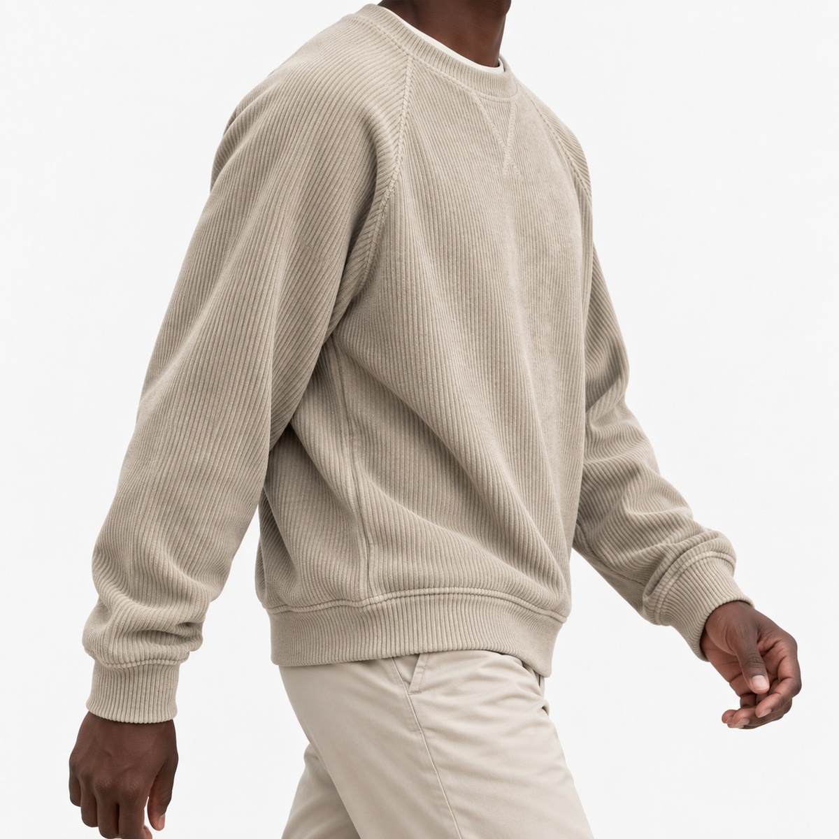 Ribbed raglan sweatshirt with a stitched neckline in beige, three-quarter model view