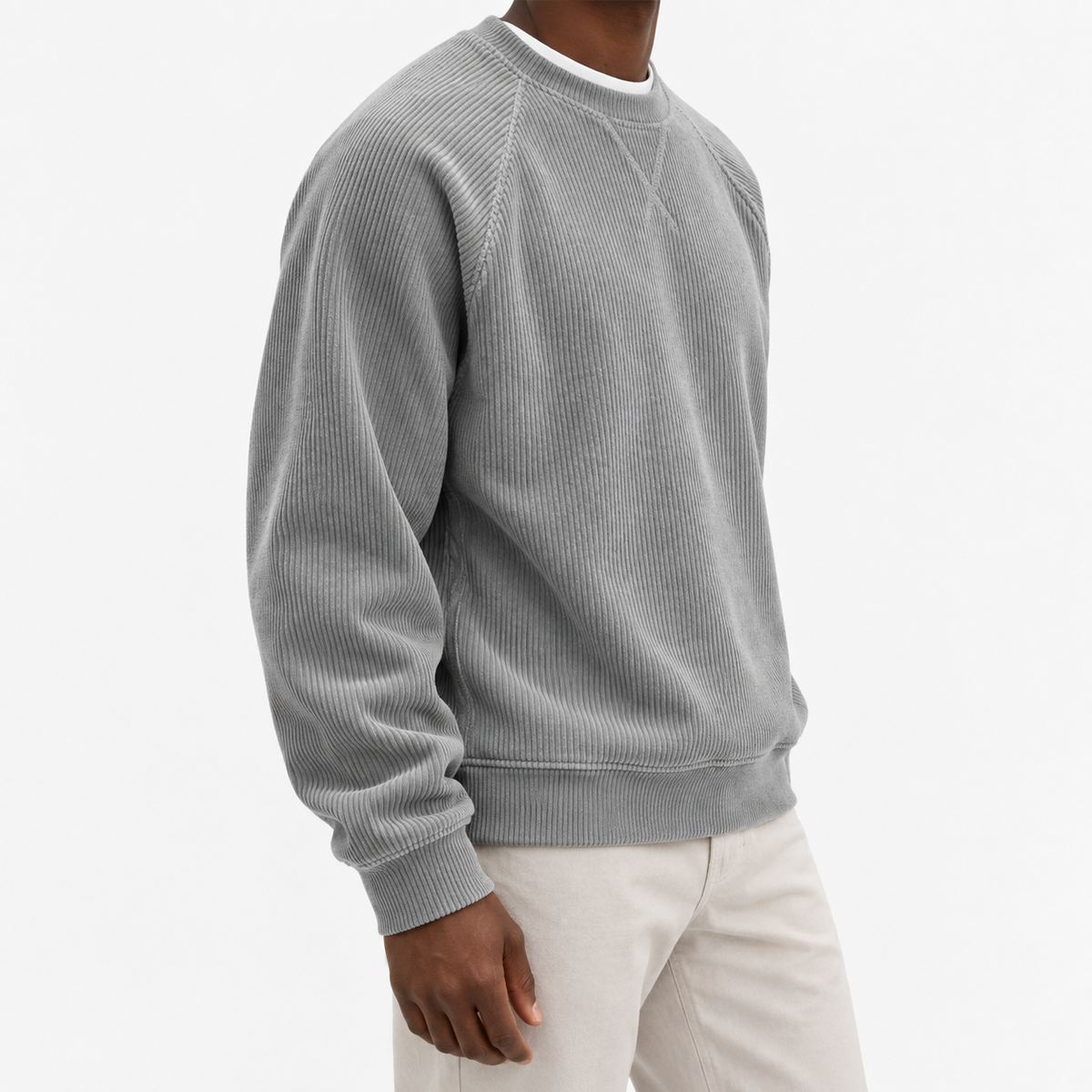 Ribbed raglan sweatshirt with a stitched neckline in gray, three-quarter model view