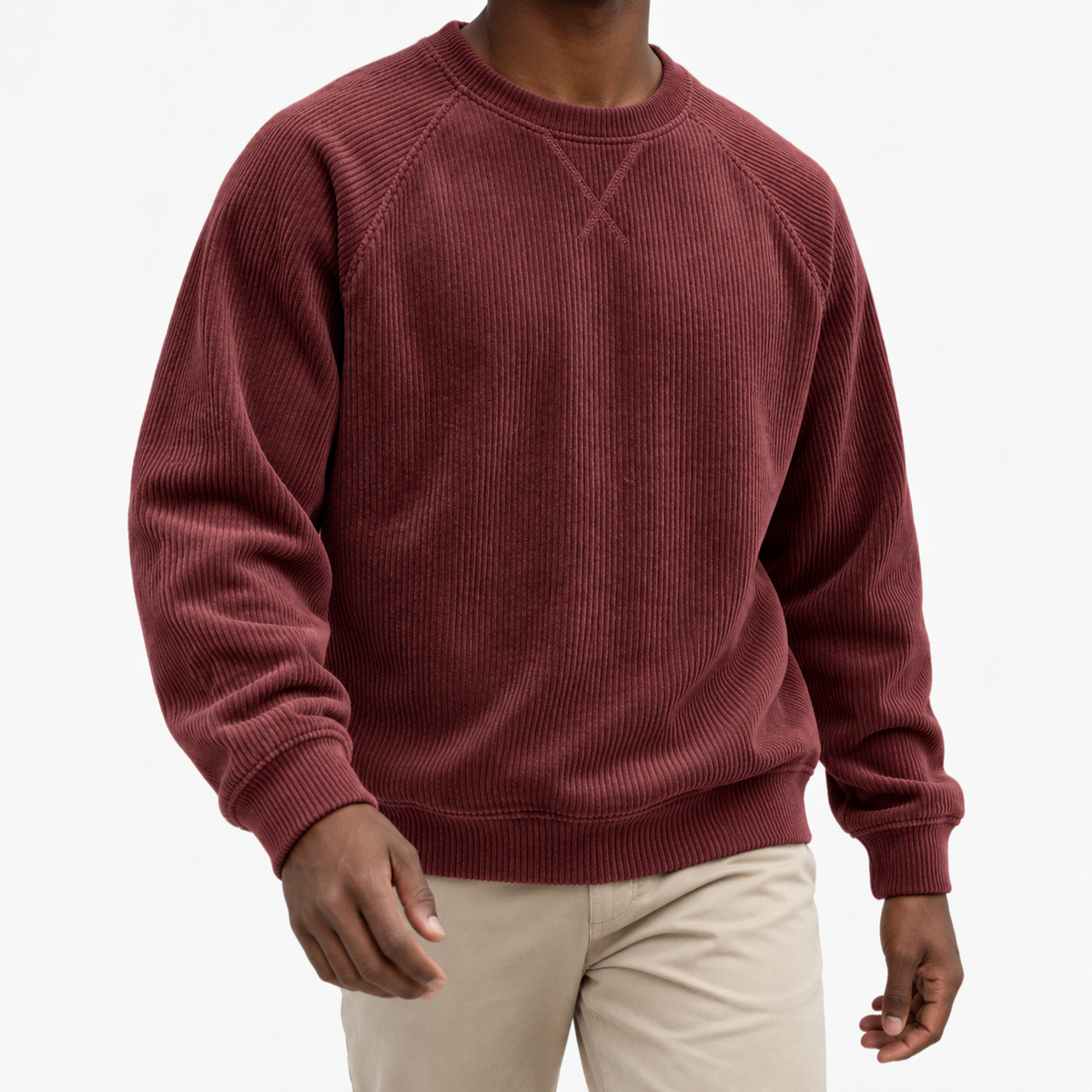 Ribbed raglan sweatshirt with a stitched neckline in wine red, front model view