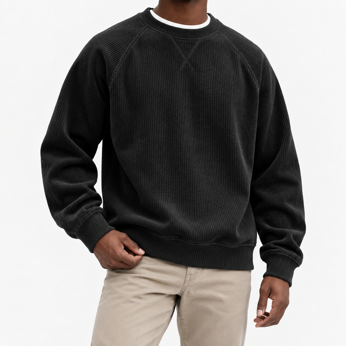 Ribbed raglan sweatshirt with a stitched neckline in black, front model view
