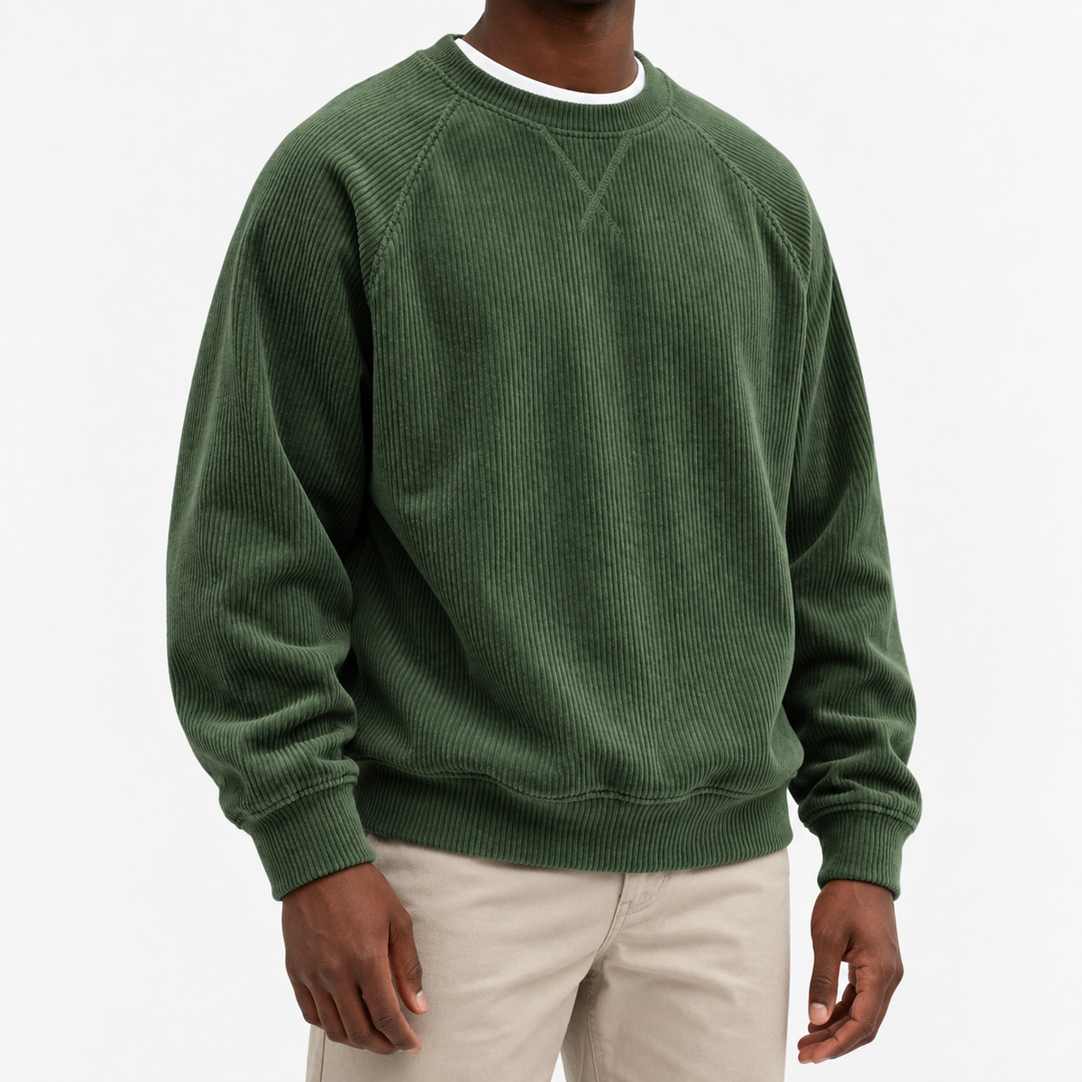 Ribbed raglan sweatshirt with a stitched neckline in forest green, front model view