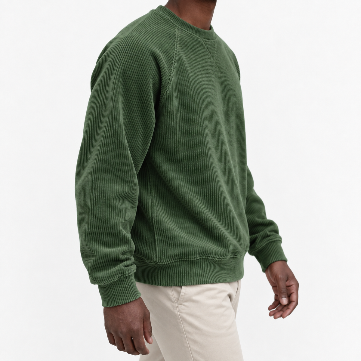 Ribbed raglan sweatshirt with a stitched neckline in forest green, three-quarter model view