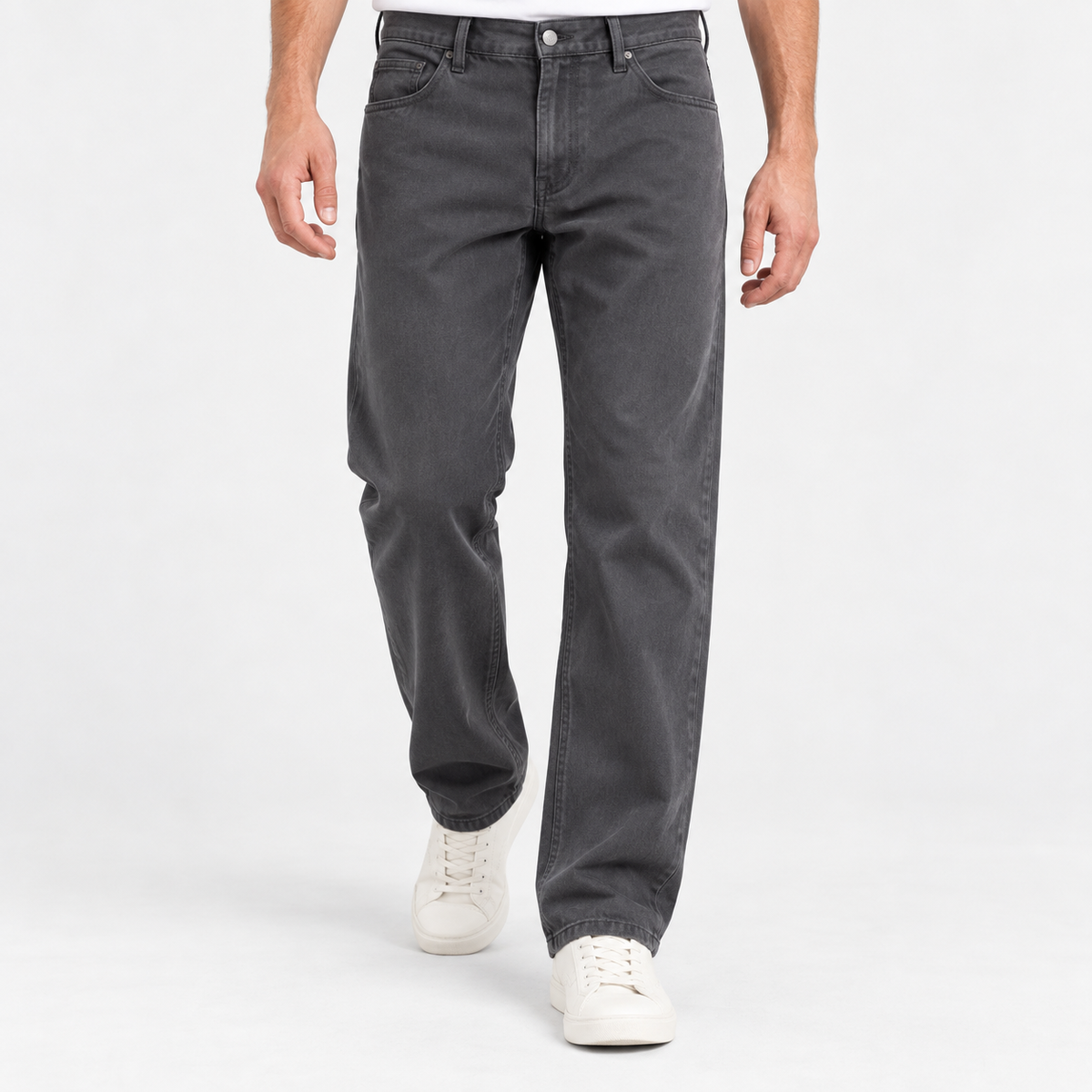 Washed cotton twill five pocket trousers in dark gray, front model view
