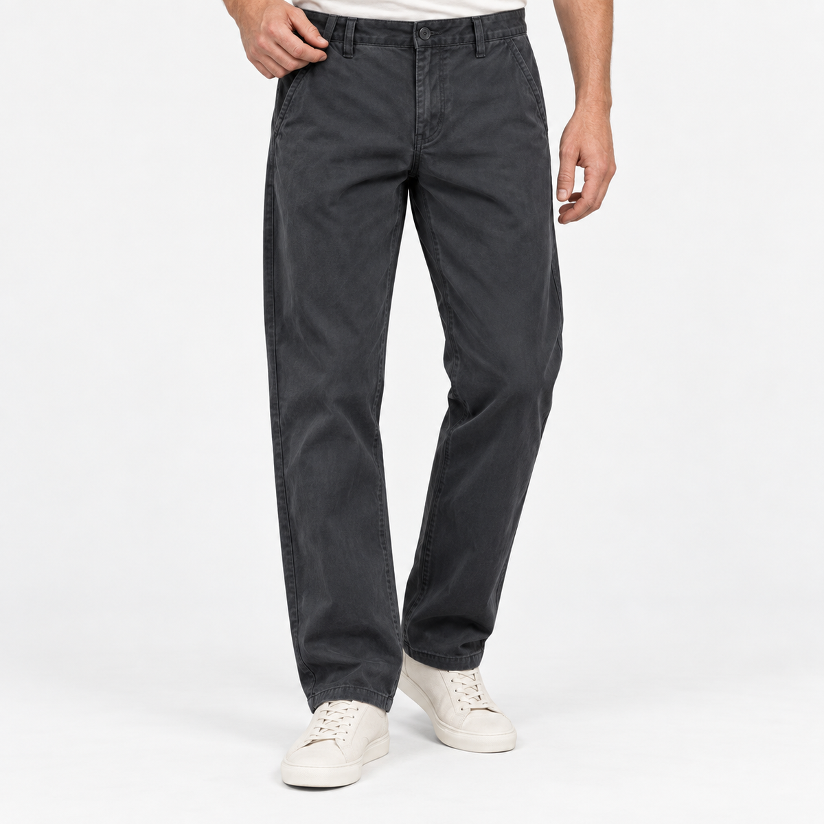 Relaxed cotton stretch twill chinos in dark gray, front model view