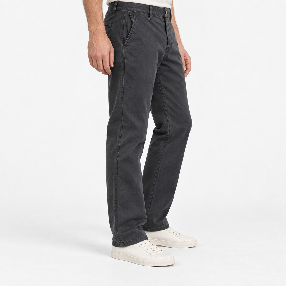 Relaxed cotton stretch twill chinos in dark gray, three-quarter model view