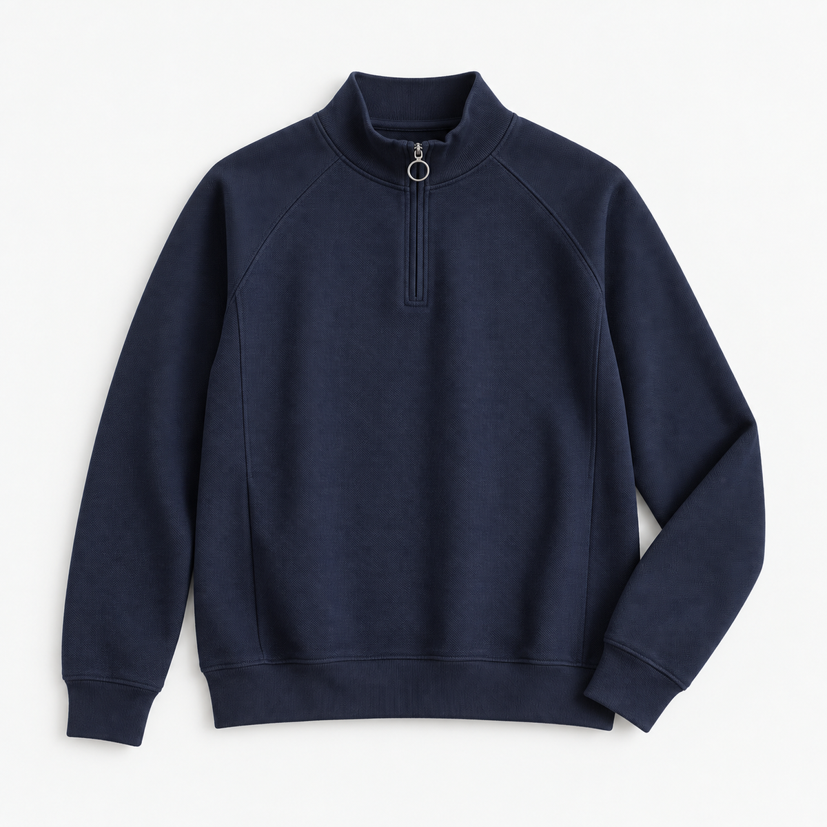 Textured quarter zip sweatshirt with raglan sleeves in navy blue, product view