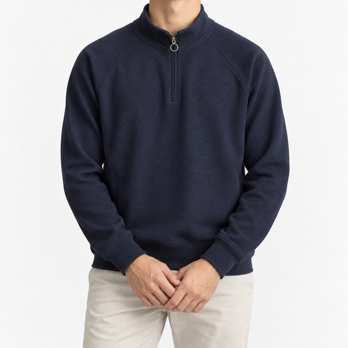 Textured quarter zip sweatshirt with raglan sleeves in navy blue, front model view