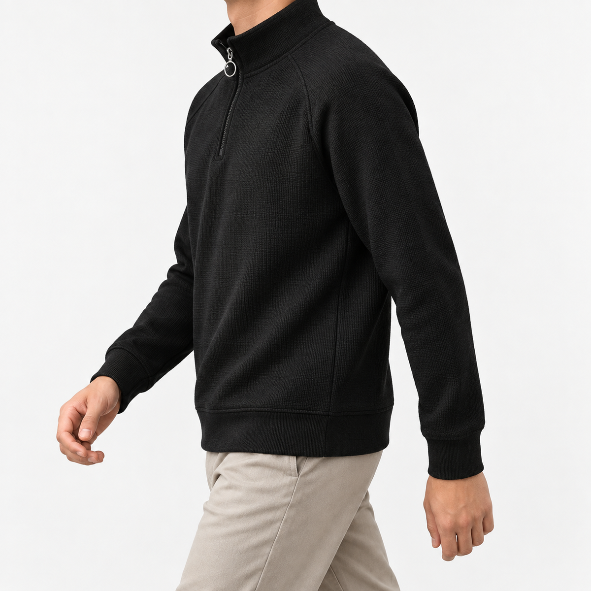 Textured quarter zip sweatshirt with raglan sleeves in black, three-quarter model view