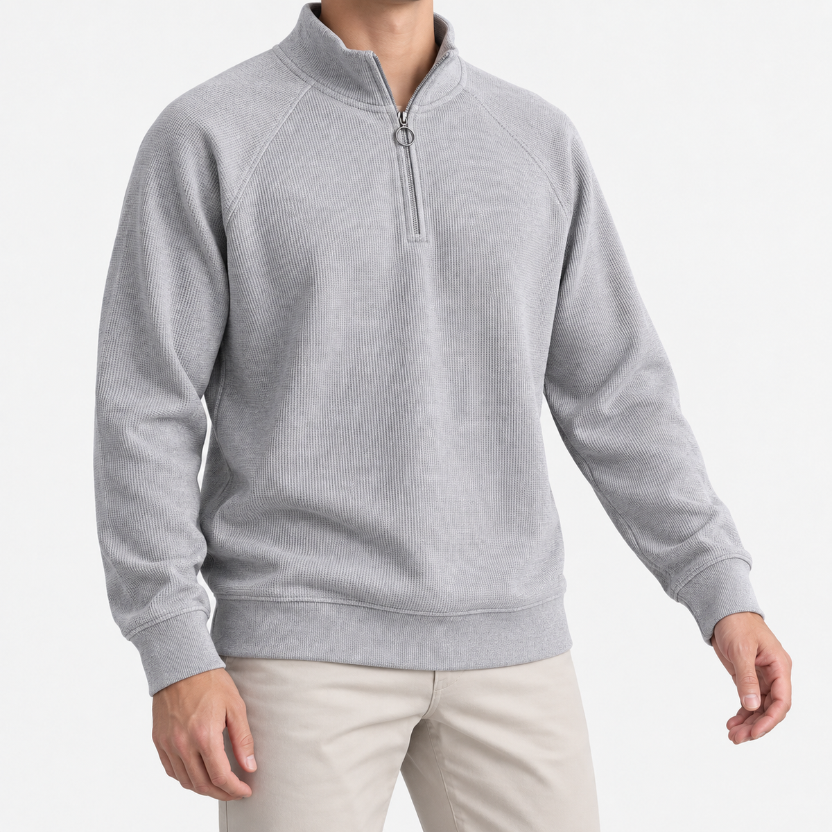 Textured quarter zip sweatshirt with raglan sleeves in light gray, front model view