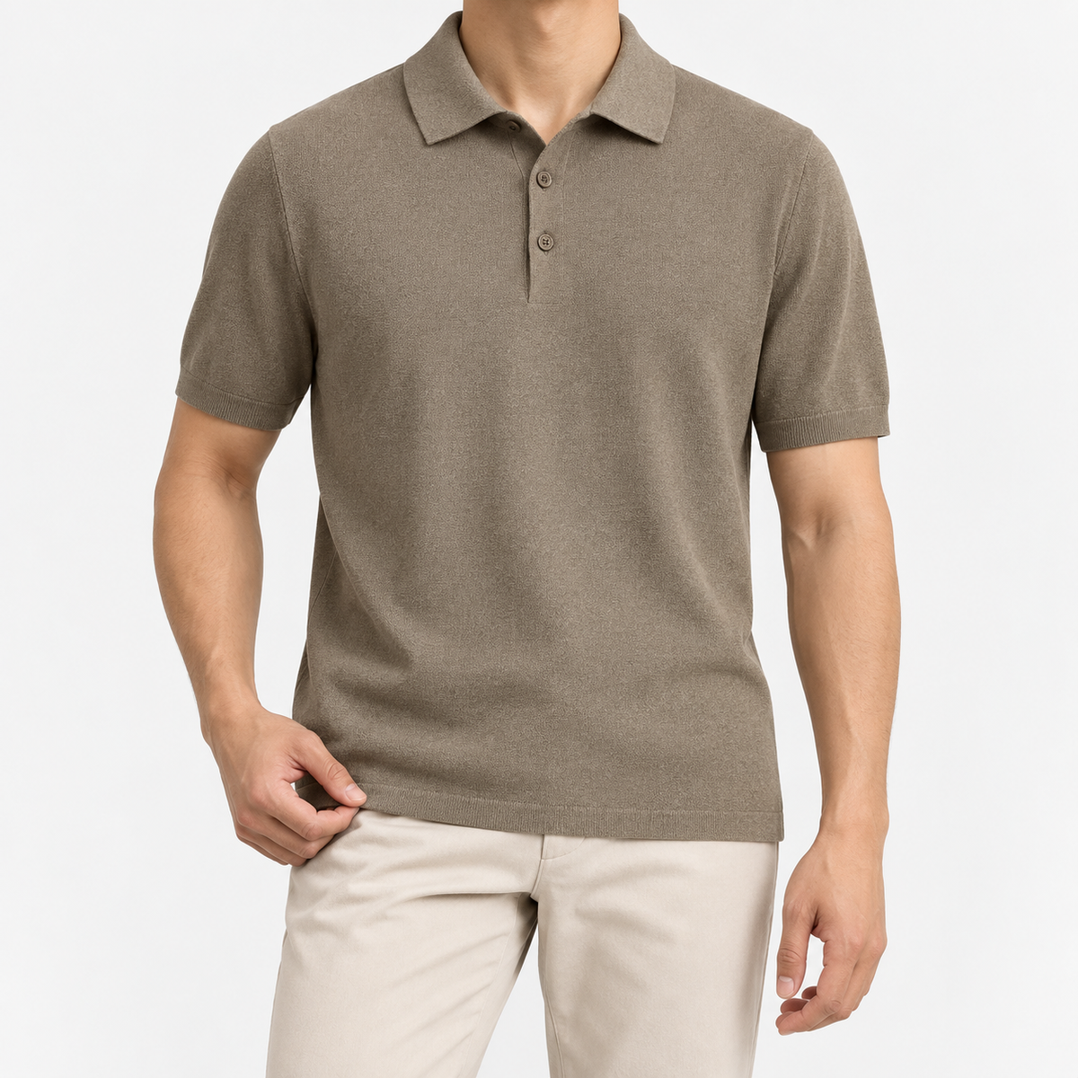 Lyocell silk polo with a fine textured knit in taupe, front model view