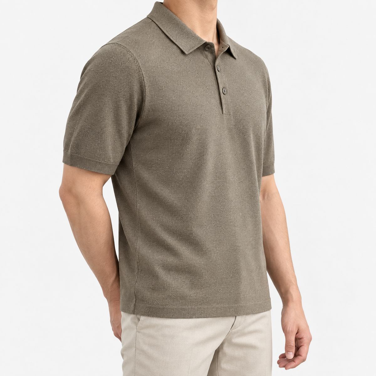 Lyocell silk polo with a fine textured knit in taupe, three-quarter model view