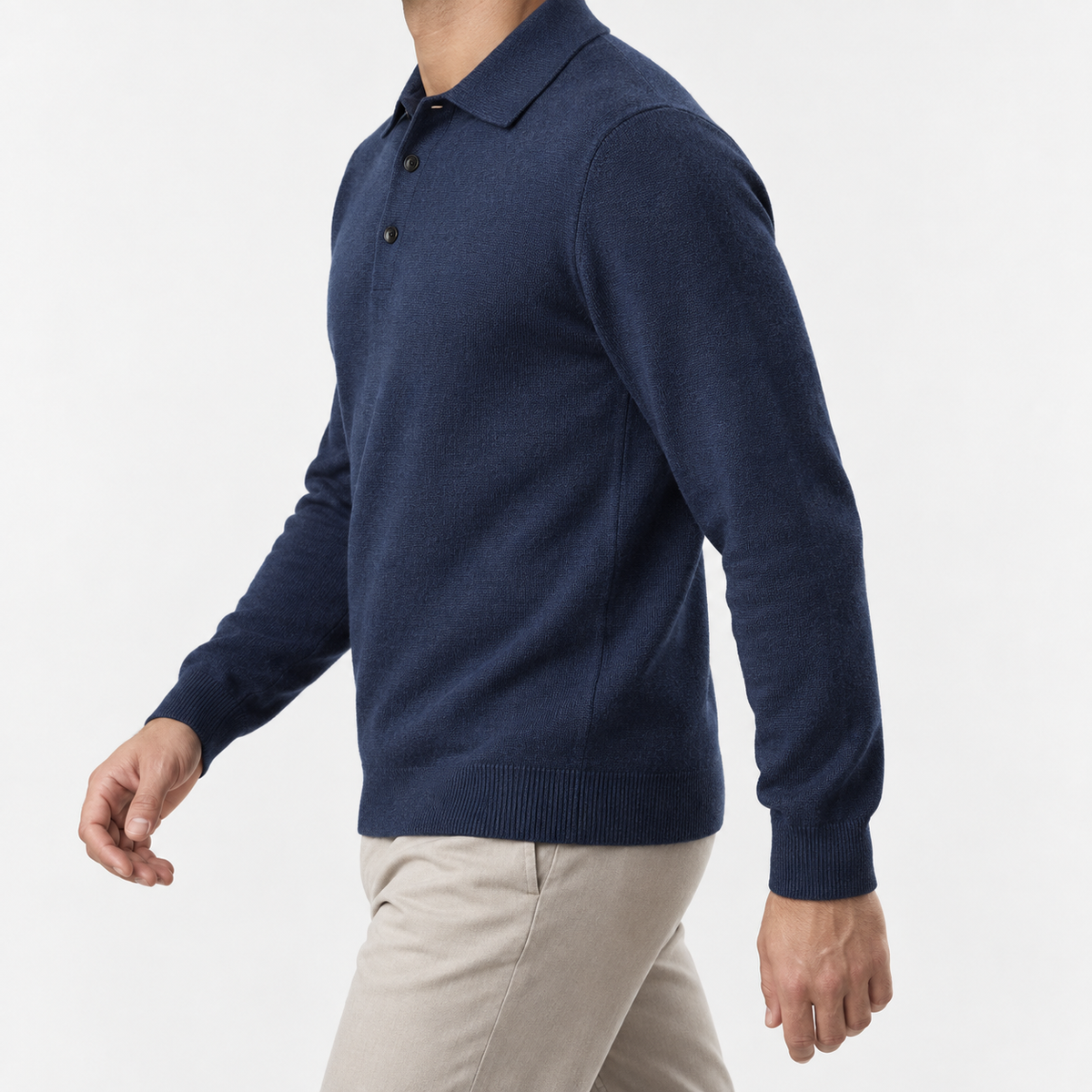 Fine knit button collar wool blend sweater in navy blue, three-quarter model view