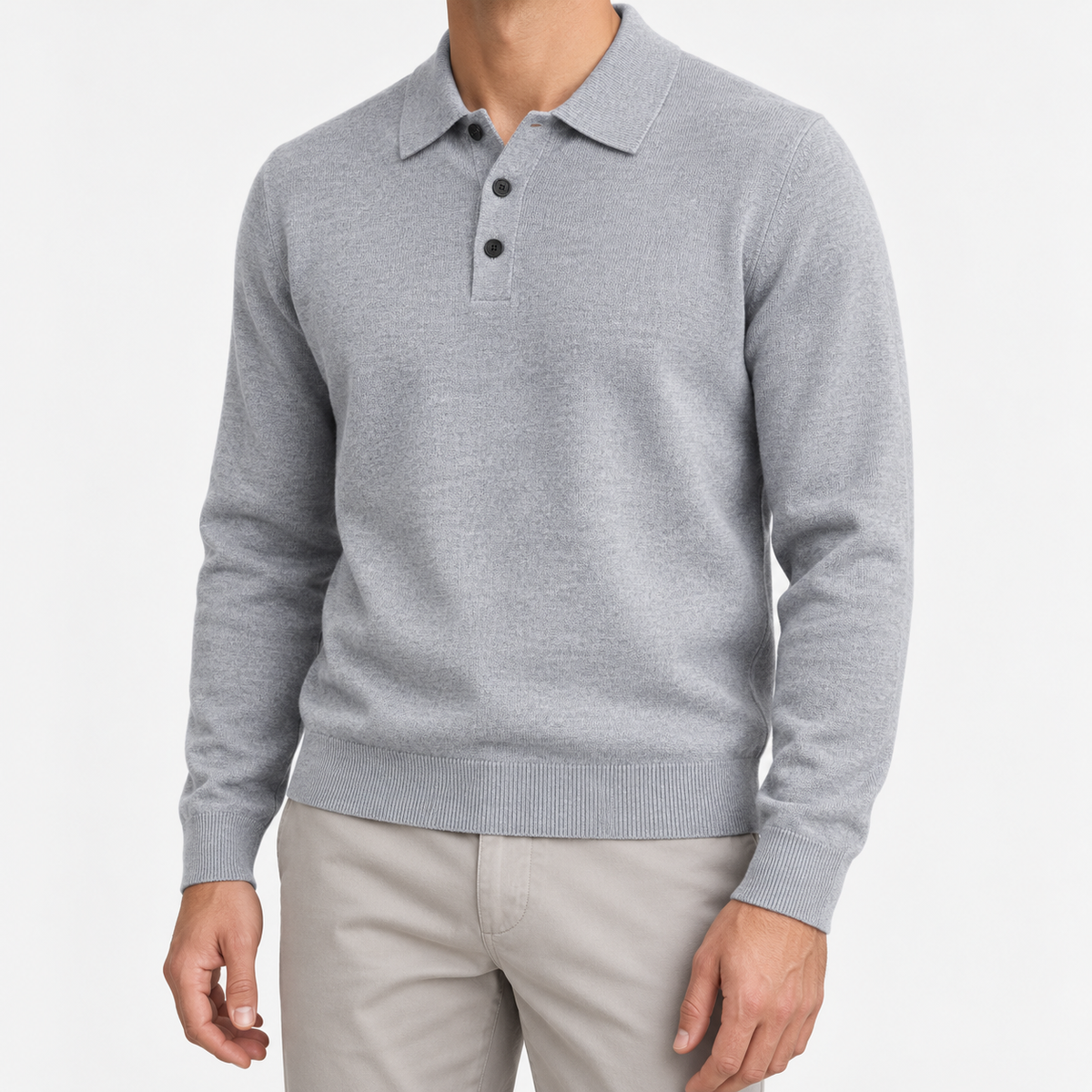 Fine knit button collar wool blend sweater in light gray, front model view