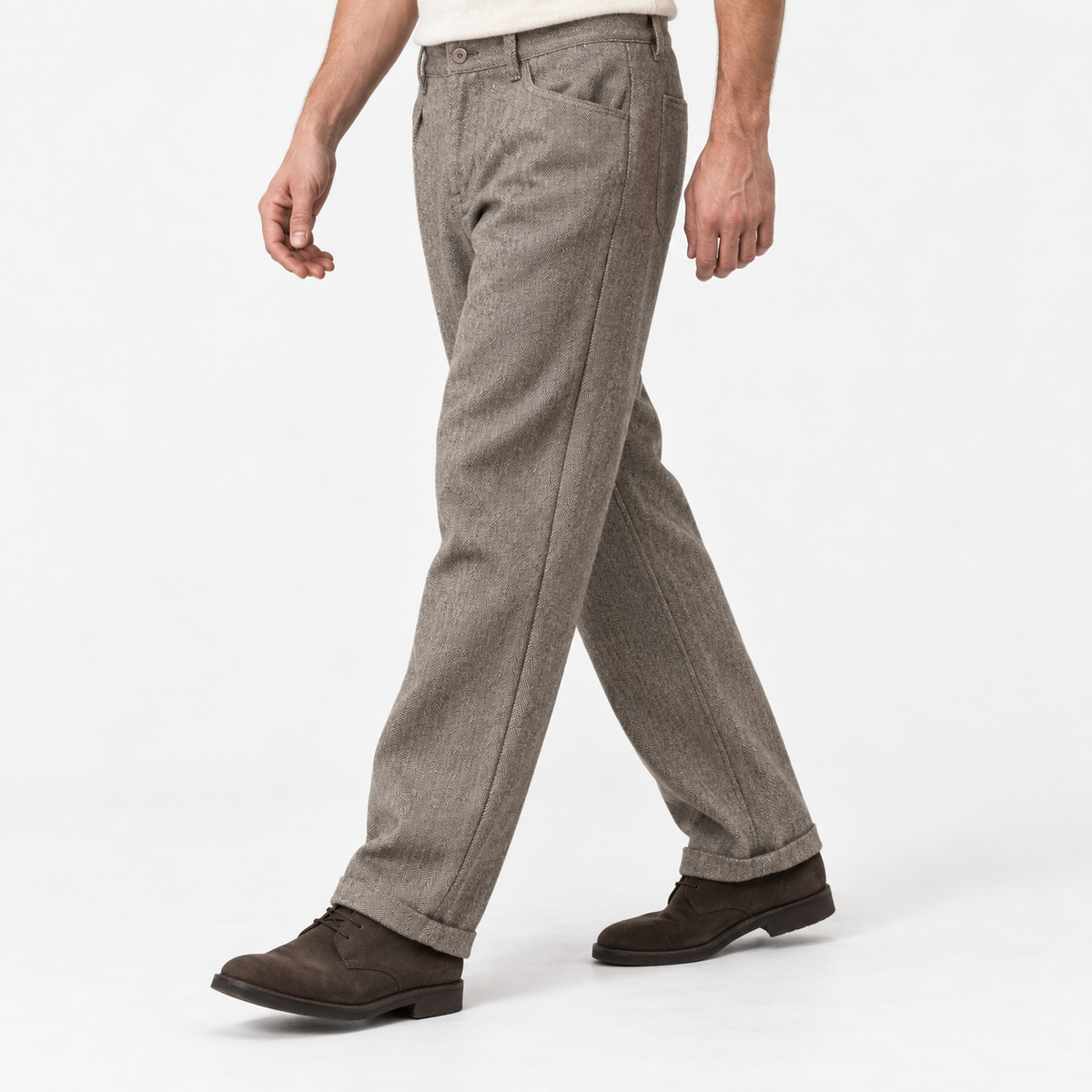 Wool blend straight trousers with a button fly in light taupe, three-quarter model view