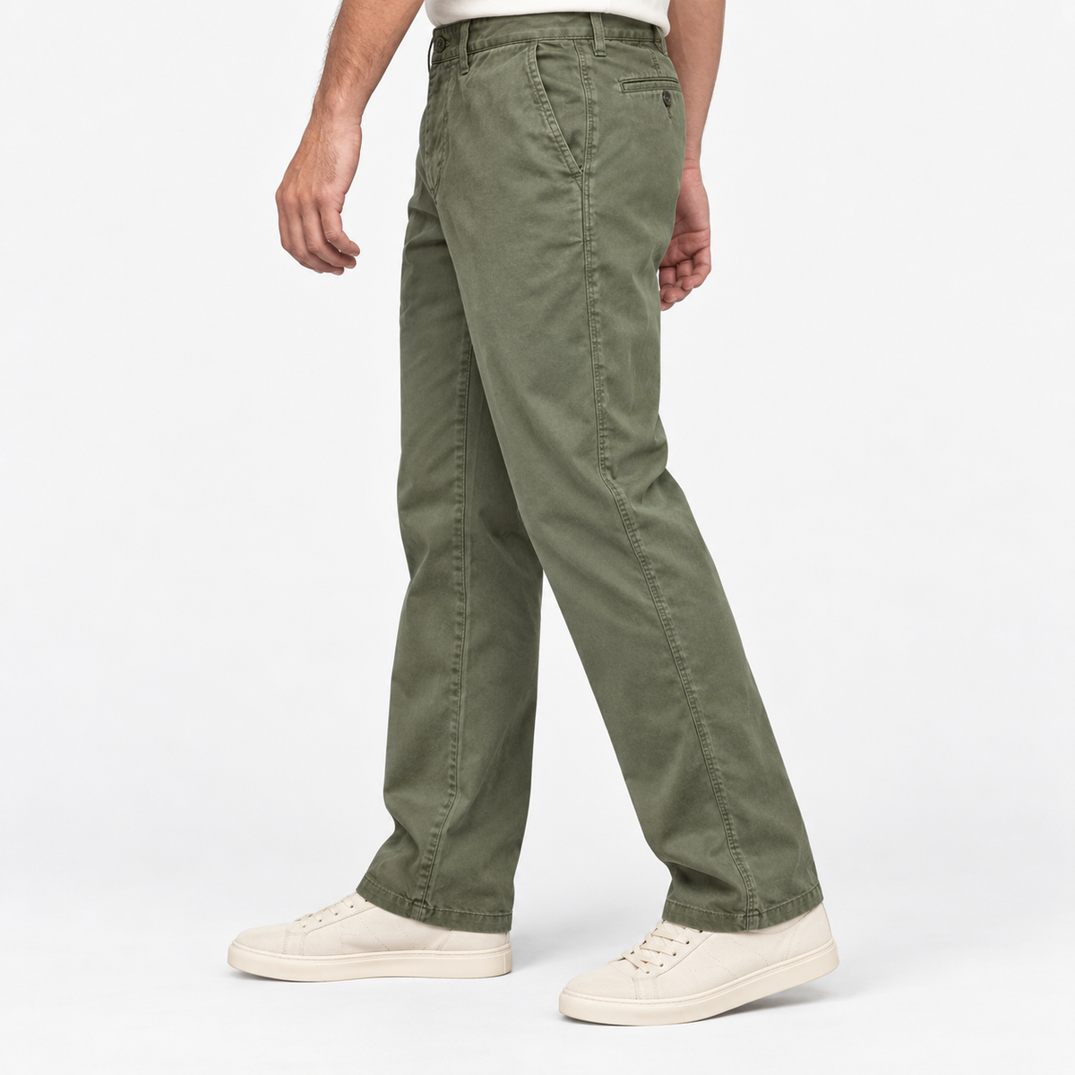Washed cotton straight trousers with welt pockets in olive green, three-quarter model view