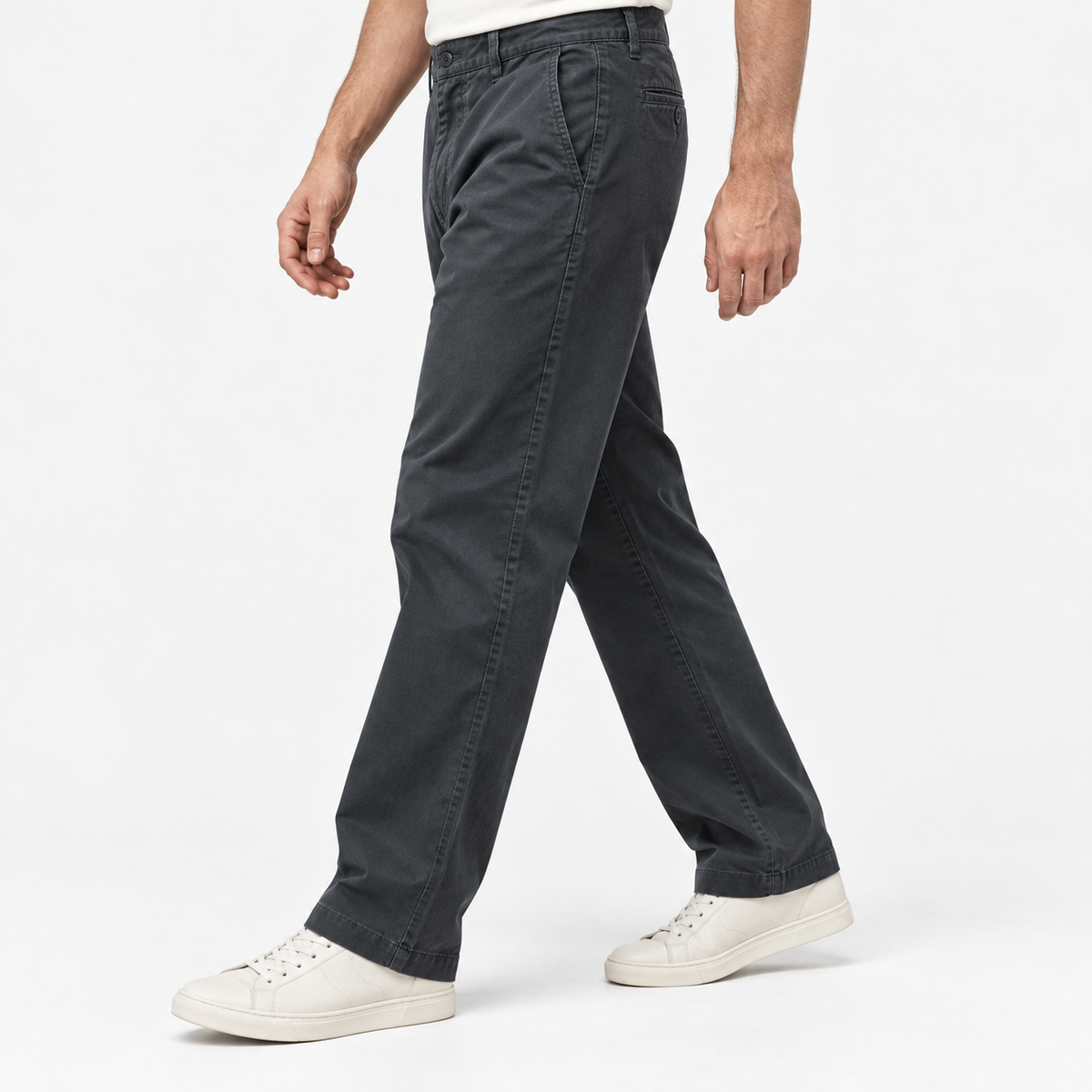 Washed cotton straight trousers with welt pockets in dark gray, three-quarter model view
