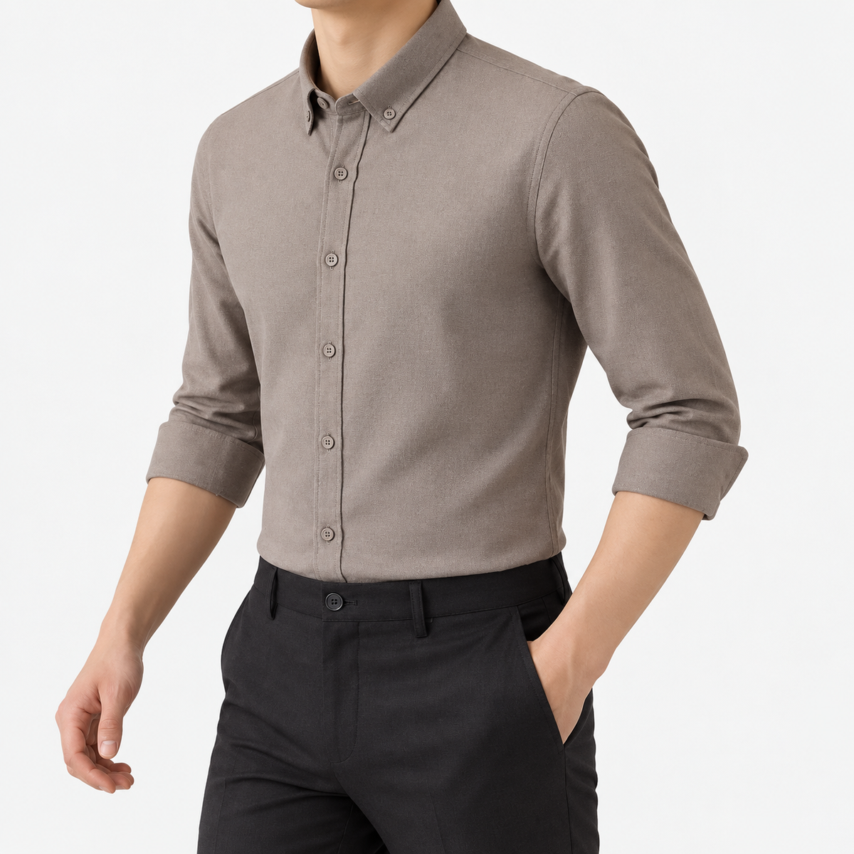 SAFARI cotton long sleeve shirt in beige, three-quarter model view