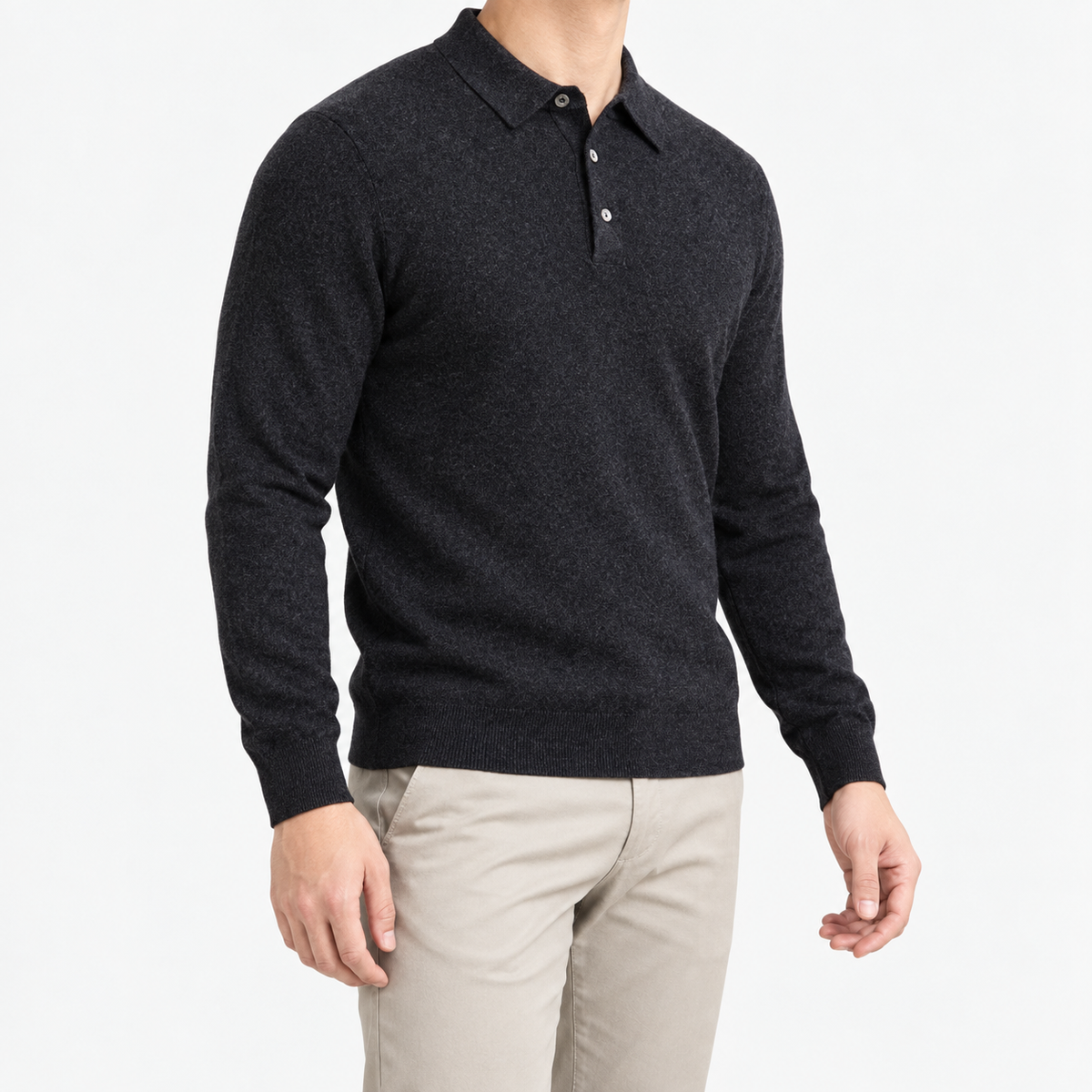 Wool blend business casual stretchable polo pullover in dark grey, three-quarter model view