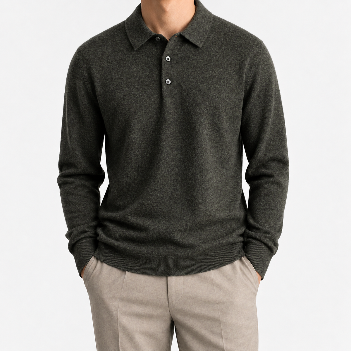 Wool blend business casual stretchable polo pullover in green, front model view