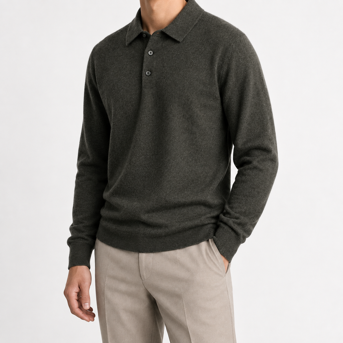 Wool blend business casual stretchable polo pullover in green, three-quarter model view