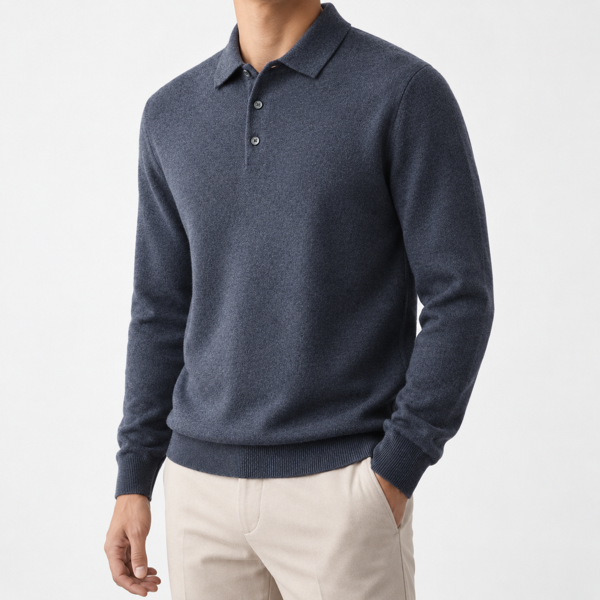 Wool blend business casual stretchable polo pullover in gray, three-quarter model view