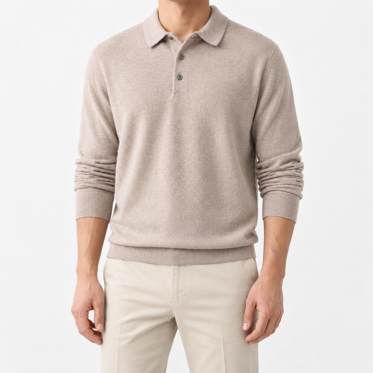 Wool blend business casual stretchable polo pullover in khaki, front model view