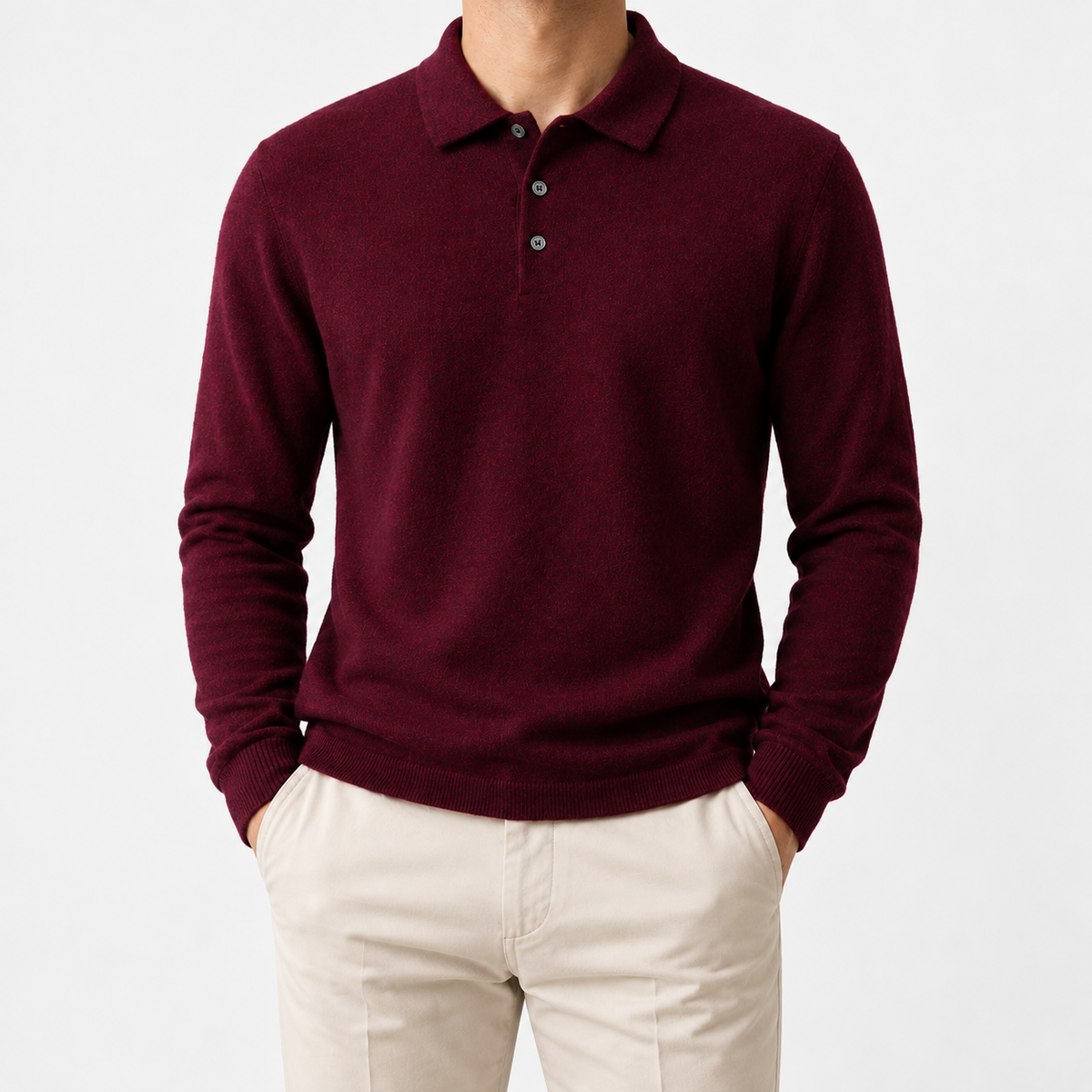 Wool blend business casual stretchable polo pullover in red, front model view