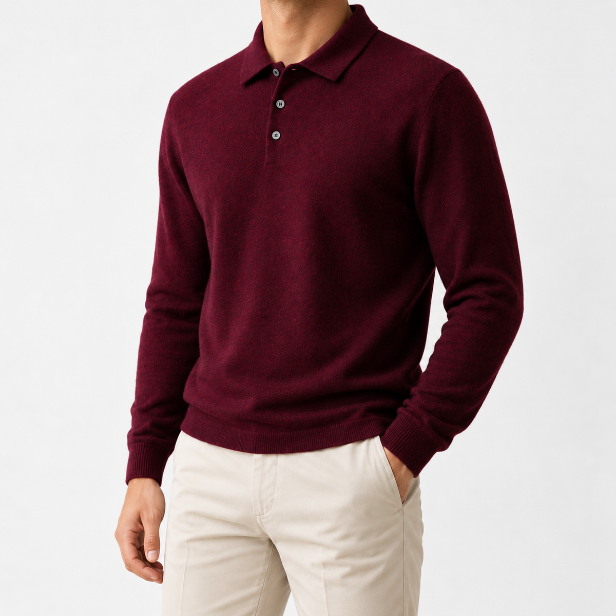 Wool blend business casual stretchable polo pullover in red, three-quarter model view