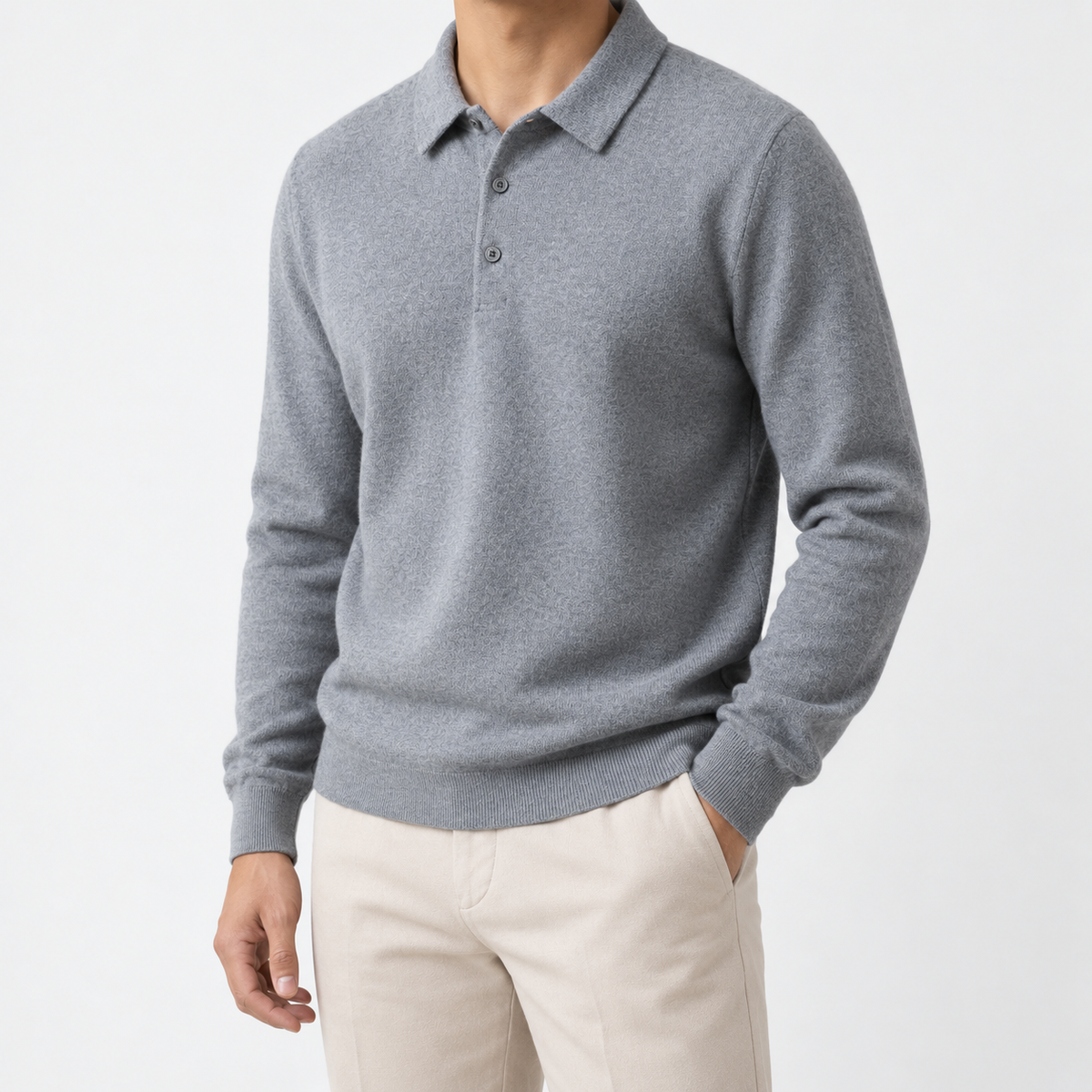 Wool blend business casual stretchable polo pullover in light gray, three-quarter model view