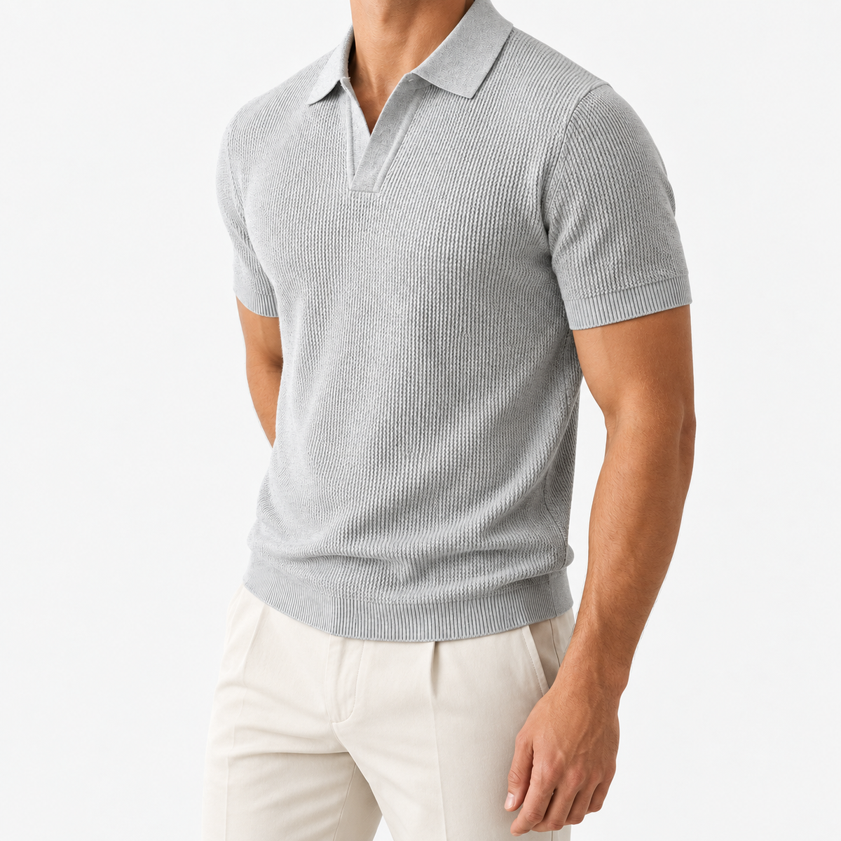 Ramon business slim cashmere polo sweater in gray, three-quarter model view