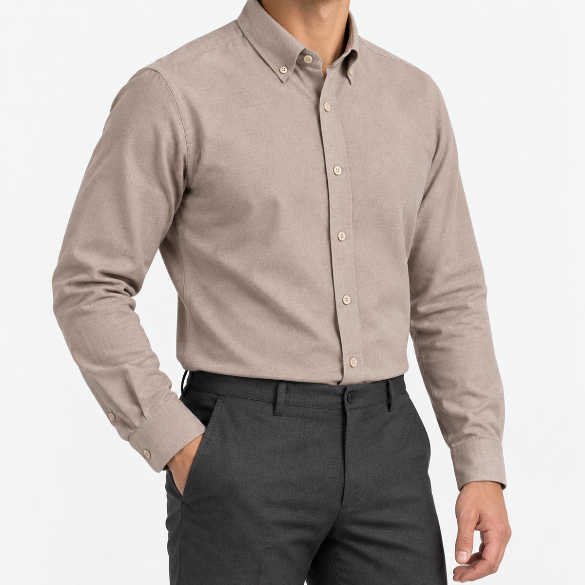 Cotton oxford sweat-wicking slim fit shirt in beige, three-quarter model view