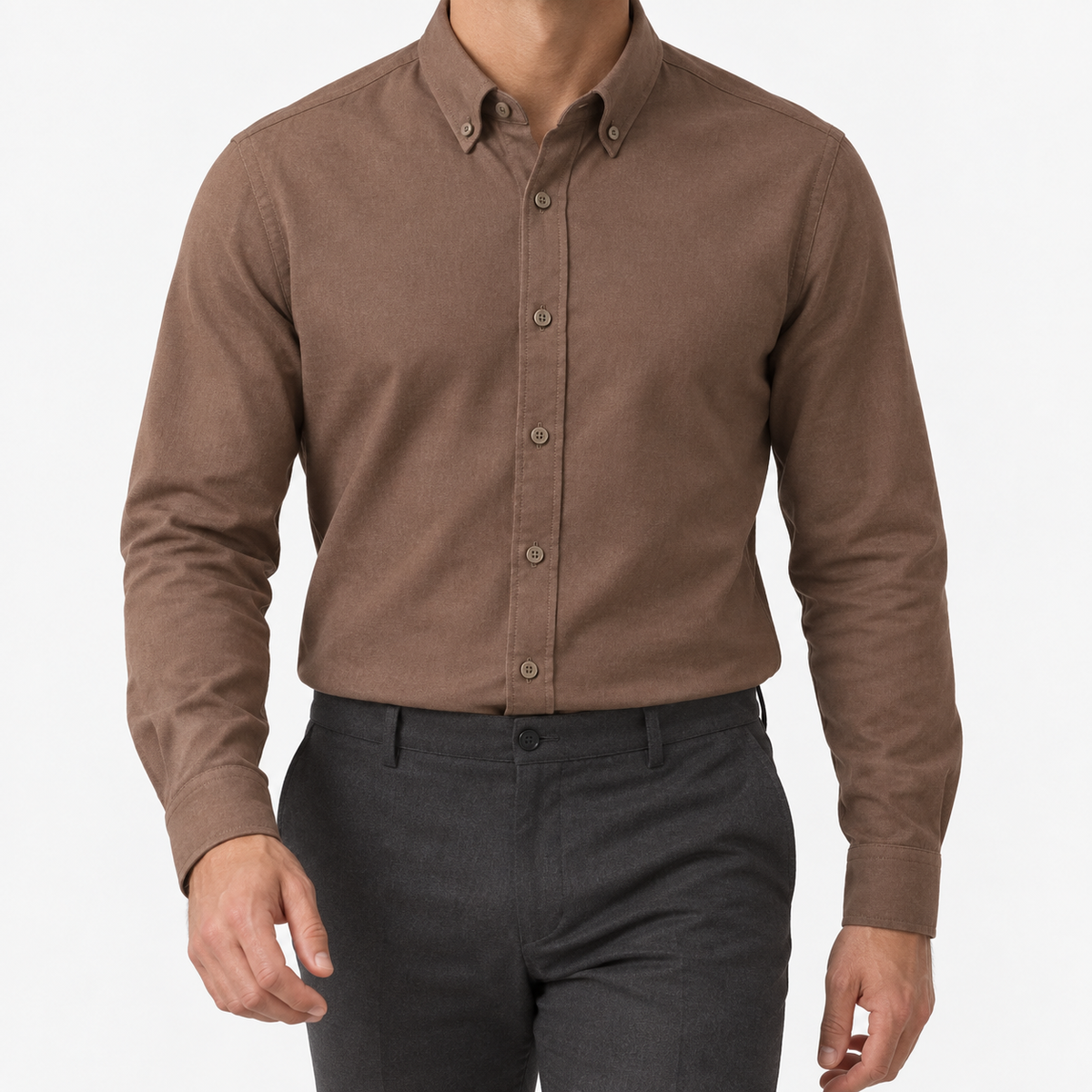 Cotton oxford sweat-wicking slim fit shirt in brown, front model view