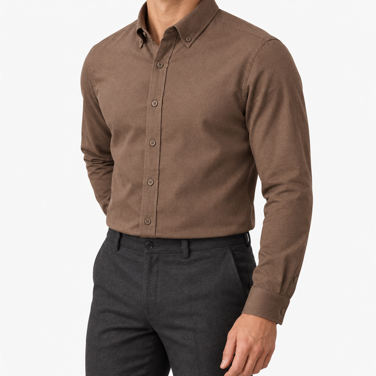 Cotton oxford sweat-wicking slim fit shirt in brown, three-quarter model view