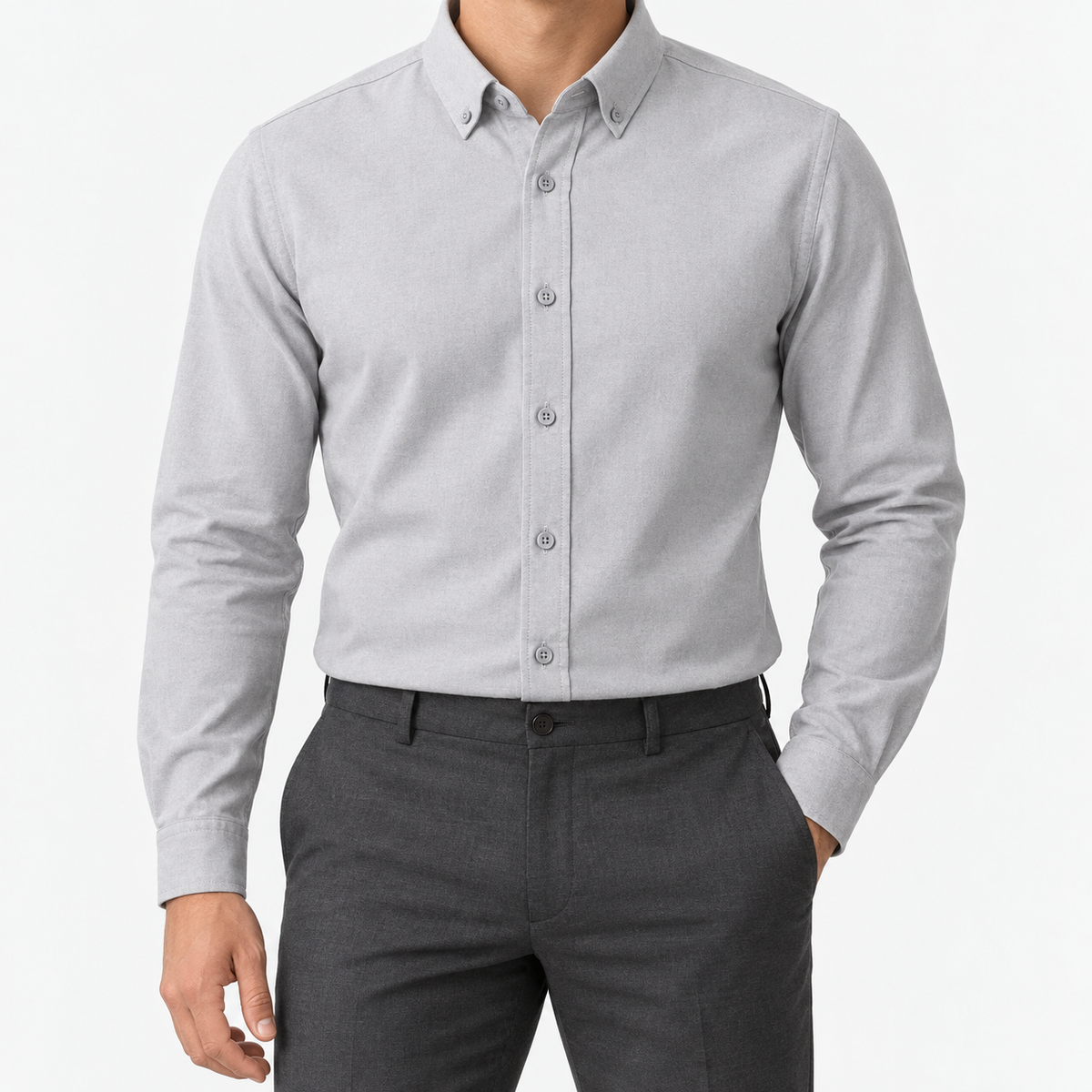 Cotton oxford sweat-wicking slim fit shirt in gray, front model view