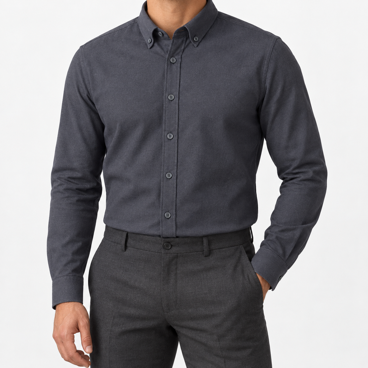 Cotton oxford sweat-wicking slim fit shirt in dark gray, front model view