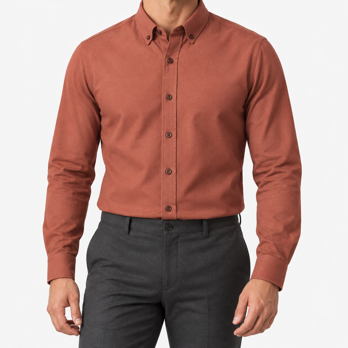Cotton oxford sweat-wicking slim fit shirt in orange, front model view
