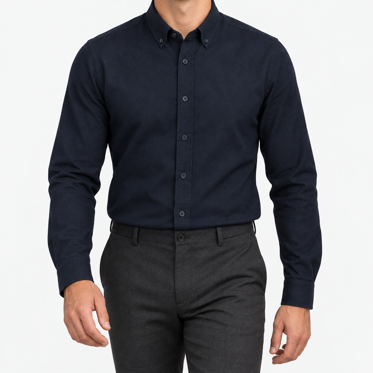 Cotton oxford sweat-wicking slim fit shirt in navy blue, front model view