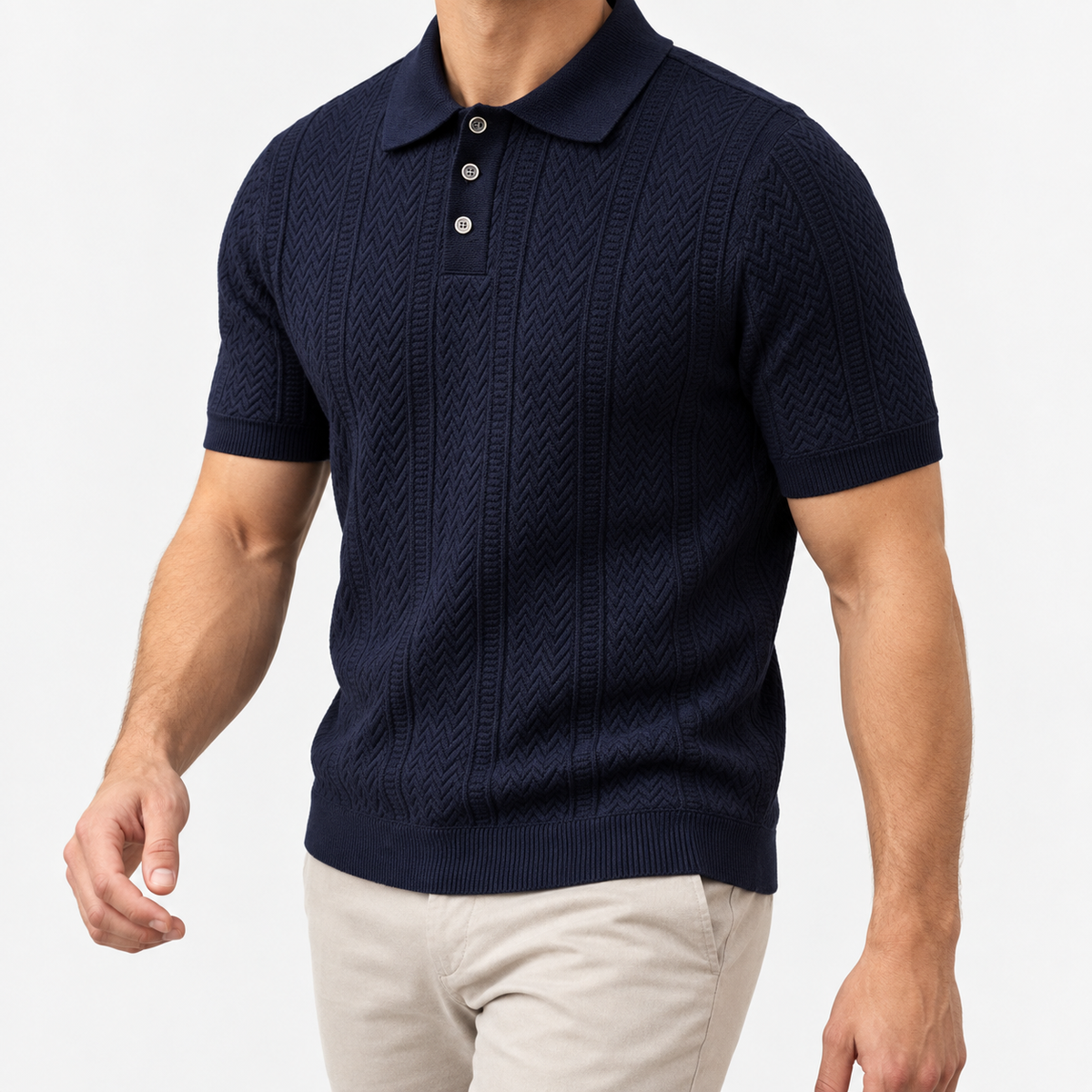 Polo collar summer golf t-shirt in navy, three-quarter model view