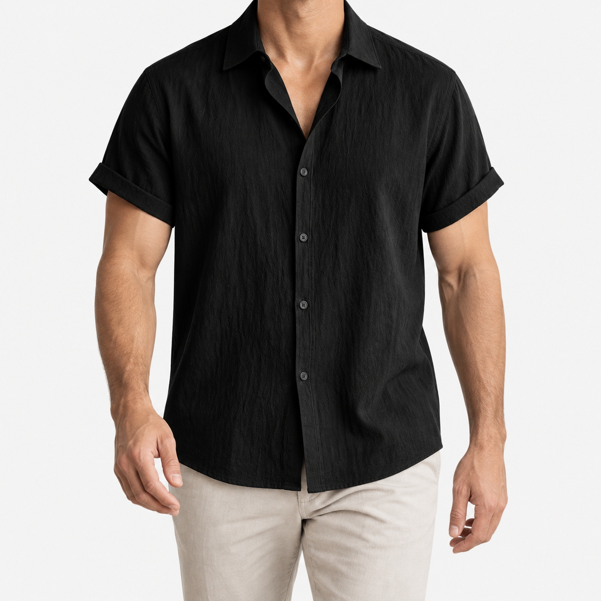 Short-sleeved cotton summer golf t-shirt in black, front model view