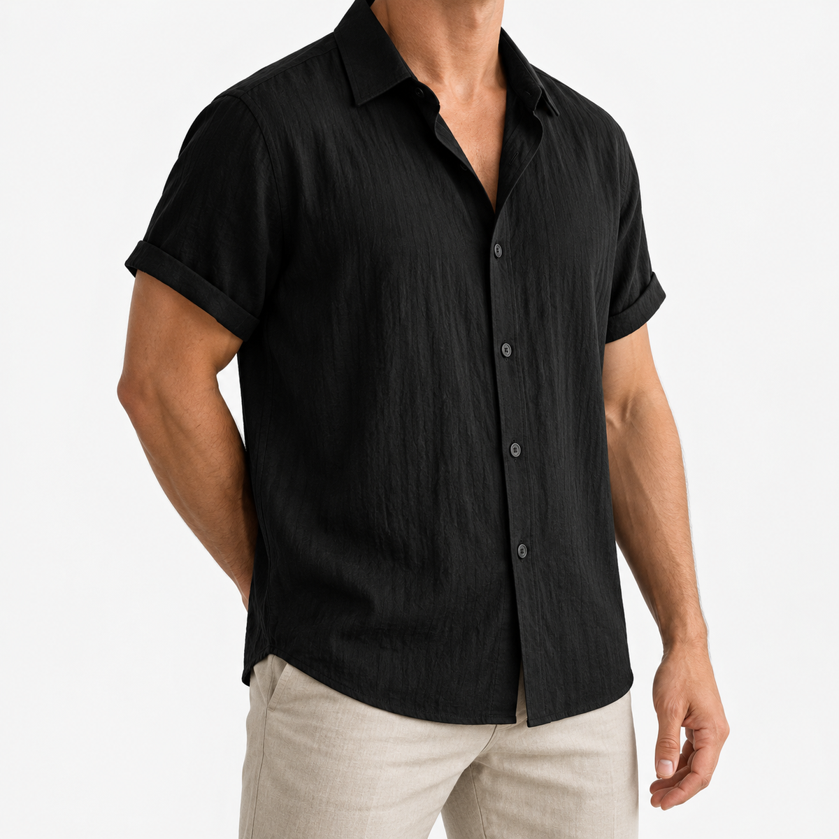 Short-sleeved cotton summer golf t-shirt in black, three-quarter model view