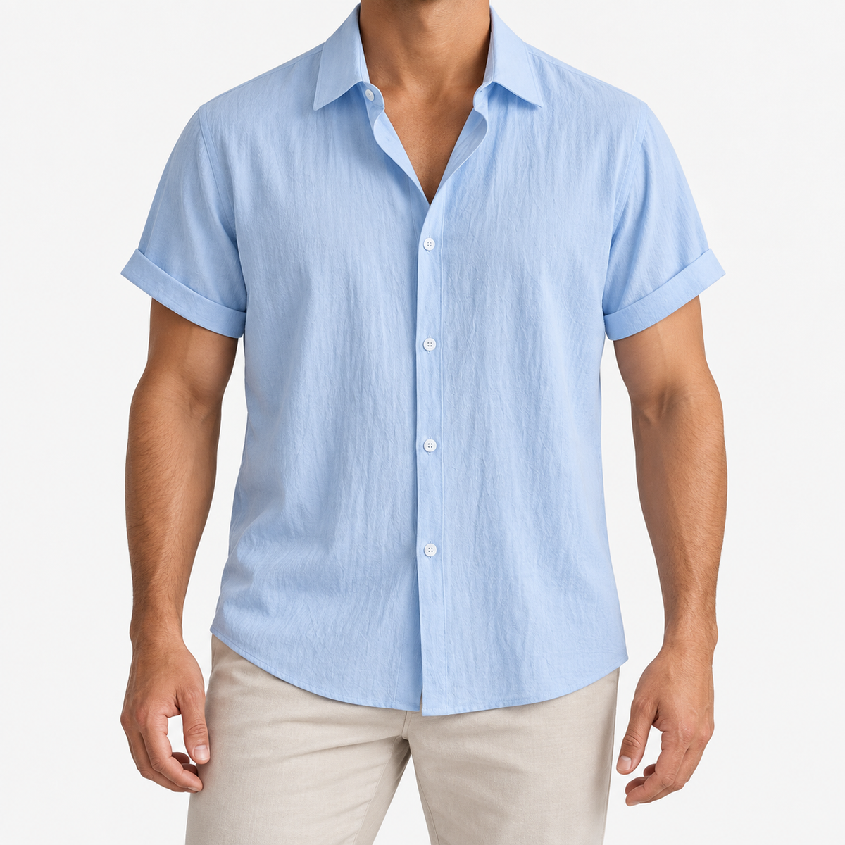Short-sleeved cotton summer golf t-shirt in blue, front model view