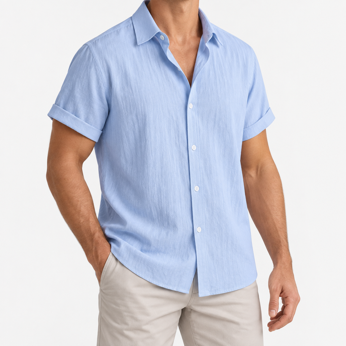 Short-sleeved cotton summer golf t-shirt in blue, three-quarter model view
