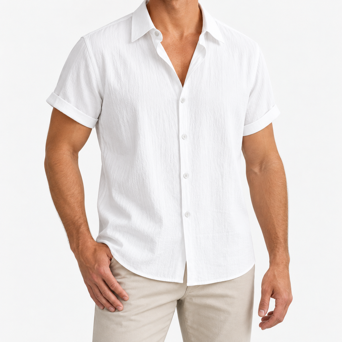 Short-sleeved cotton summer golf t-shirt in white, front model view