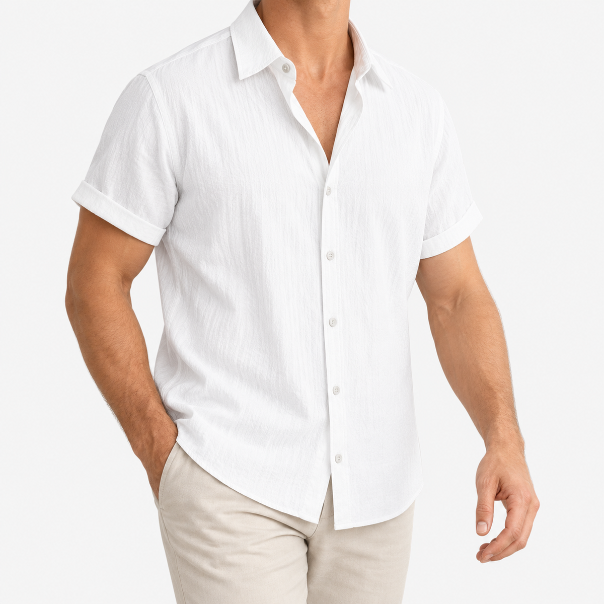 Short-sleeved cotton summer golf t-shirt in white, three-quarter model view