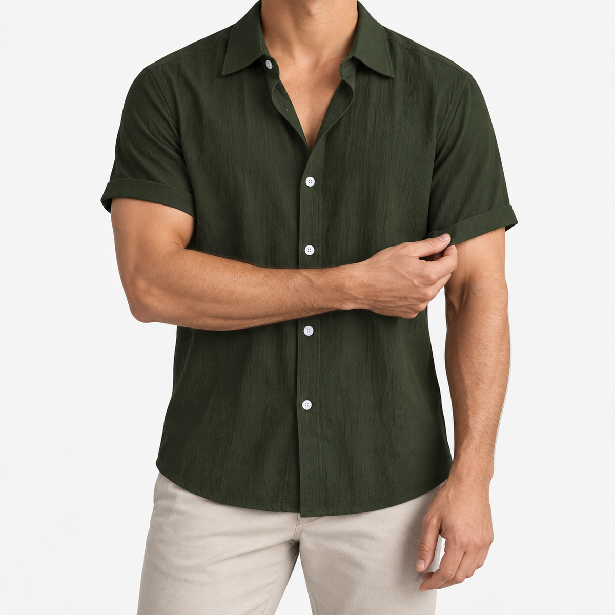 Short-sleeved cotton summer golf t-shirt in green, front model view
