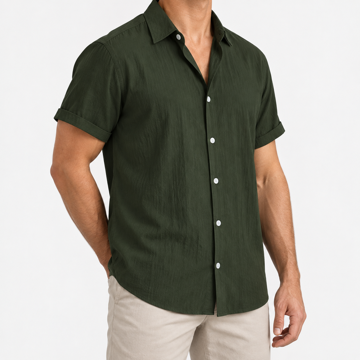 Short-sleeved cotton summer golf t-shirt in green, three-quarter model view